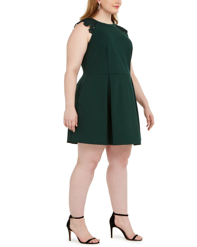 Front of a model wearing a size 3X Speechless Women's Trendy Plus Lace Trim Fit & Flare Dress Green Size 3X in Green by Speechless. | dia_product_style_image_id:313530